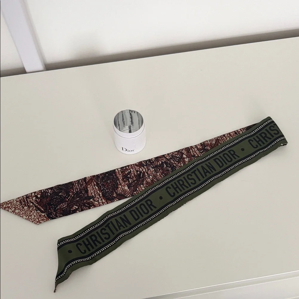 Dior Olive and Burgundy Twilly Scarf